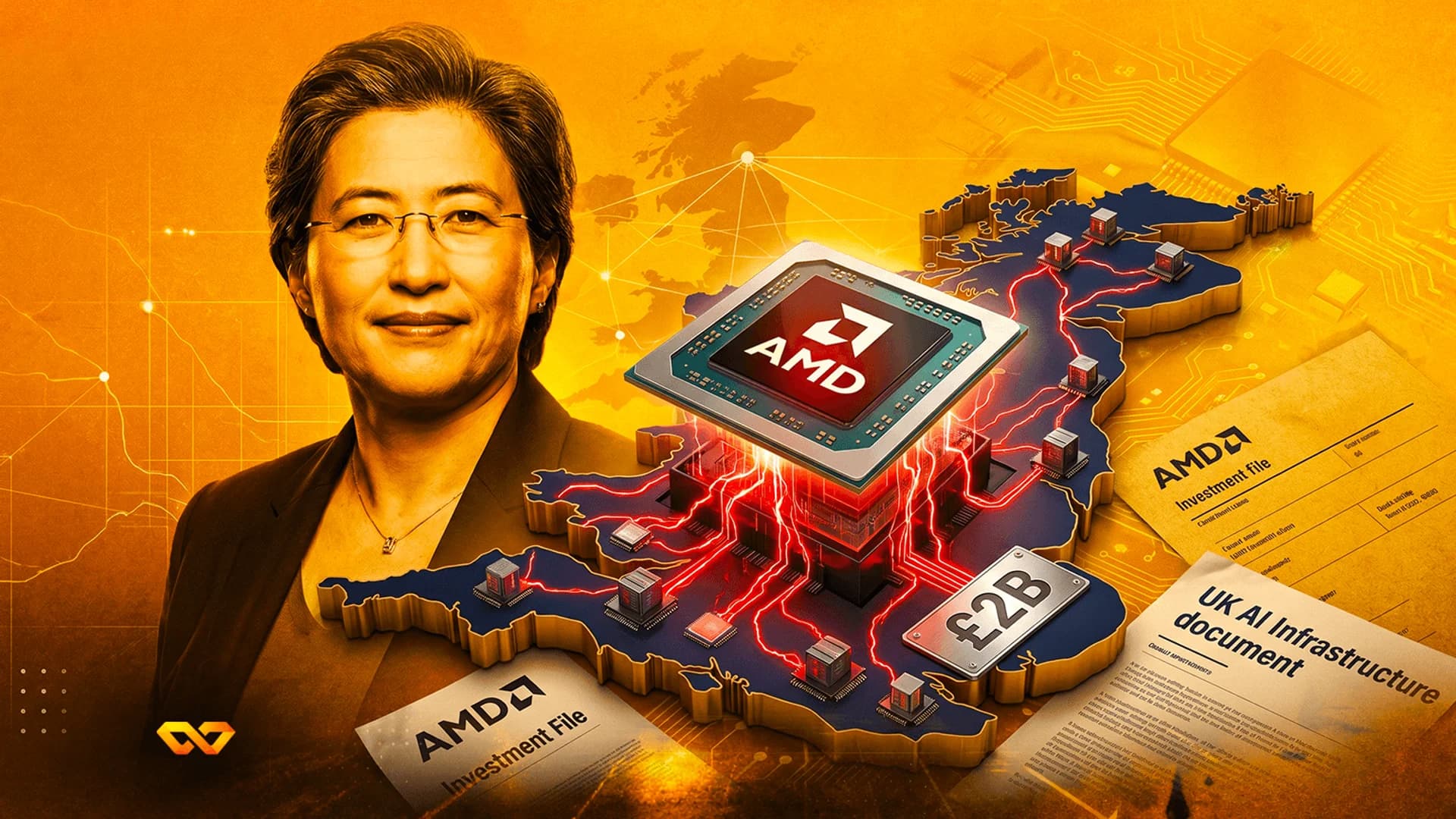 صورة لليزا سو بجانب معالج AMD على خريطة بريطانيا، مع وثائق استثمار ولوحة بقيمة 2 مليار جنيه إسترليني.