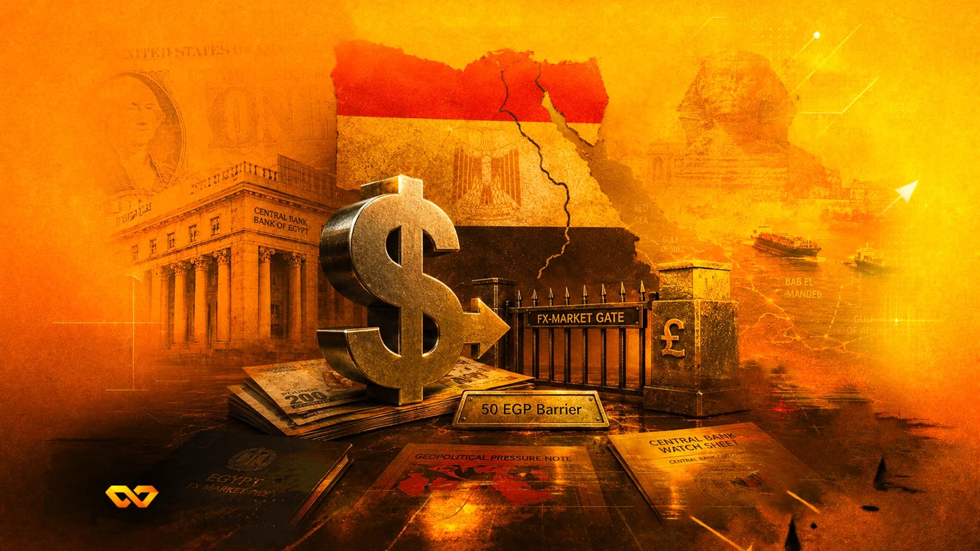 رمز دولار ثلاثي الأبعاد يشير إلى بوابة سوق الصرف الأجنبي أمام خريطة مصر وأبو الهول.