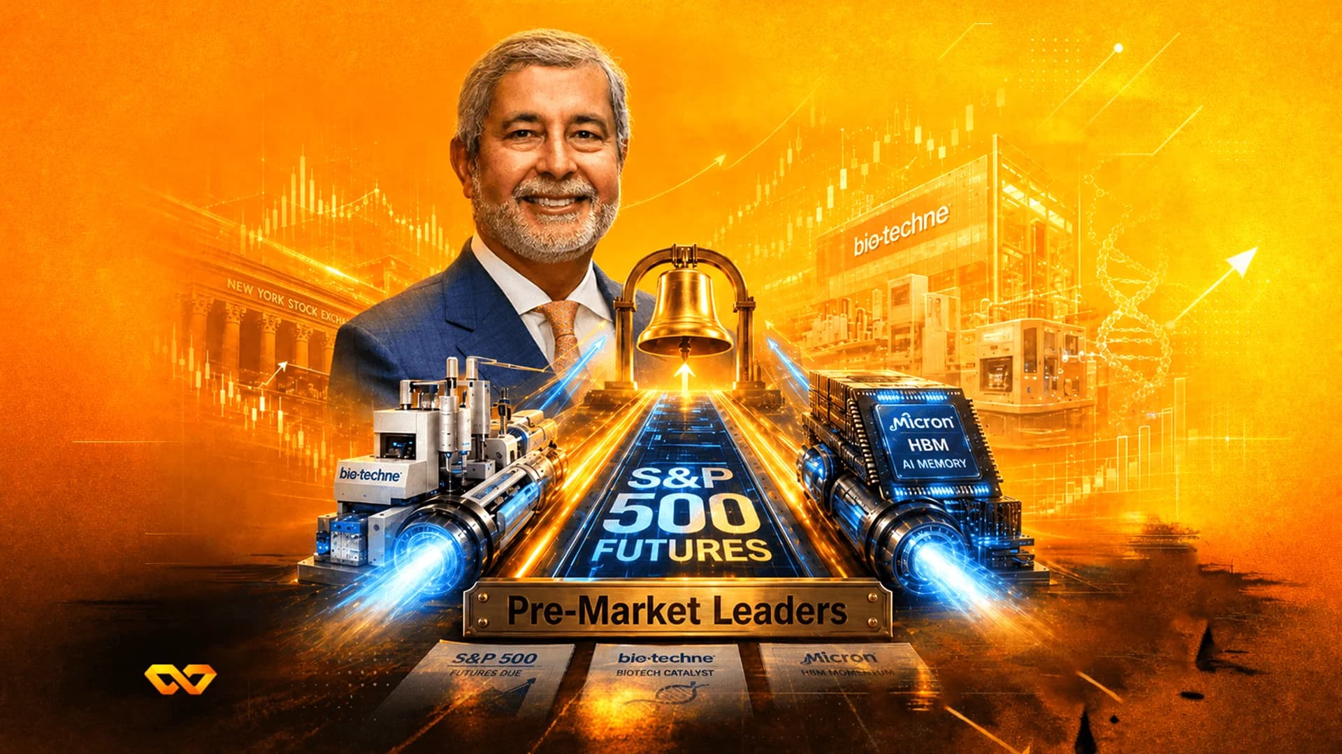 كولاج رقمي يضم صورة رجل، ونص S&P 500، وشعارات Micron وBio-Techne، وجرس سوق الأوراق المالية.