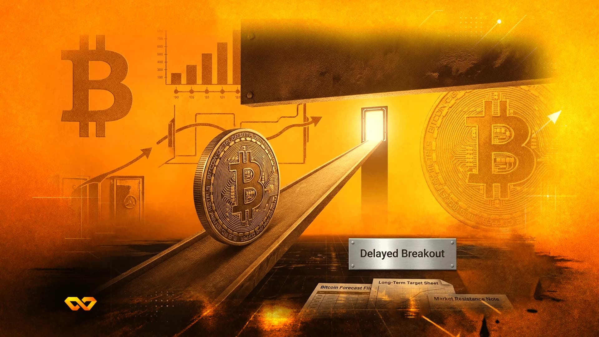 عملة بيتكوين تتدحرج على منحدر نحو باب مضيء على خلفية برتقالية مع رسوم بيانية ونصوص.