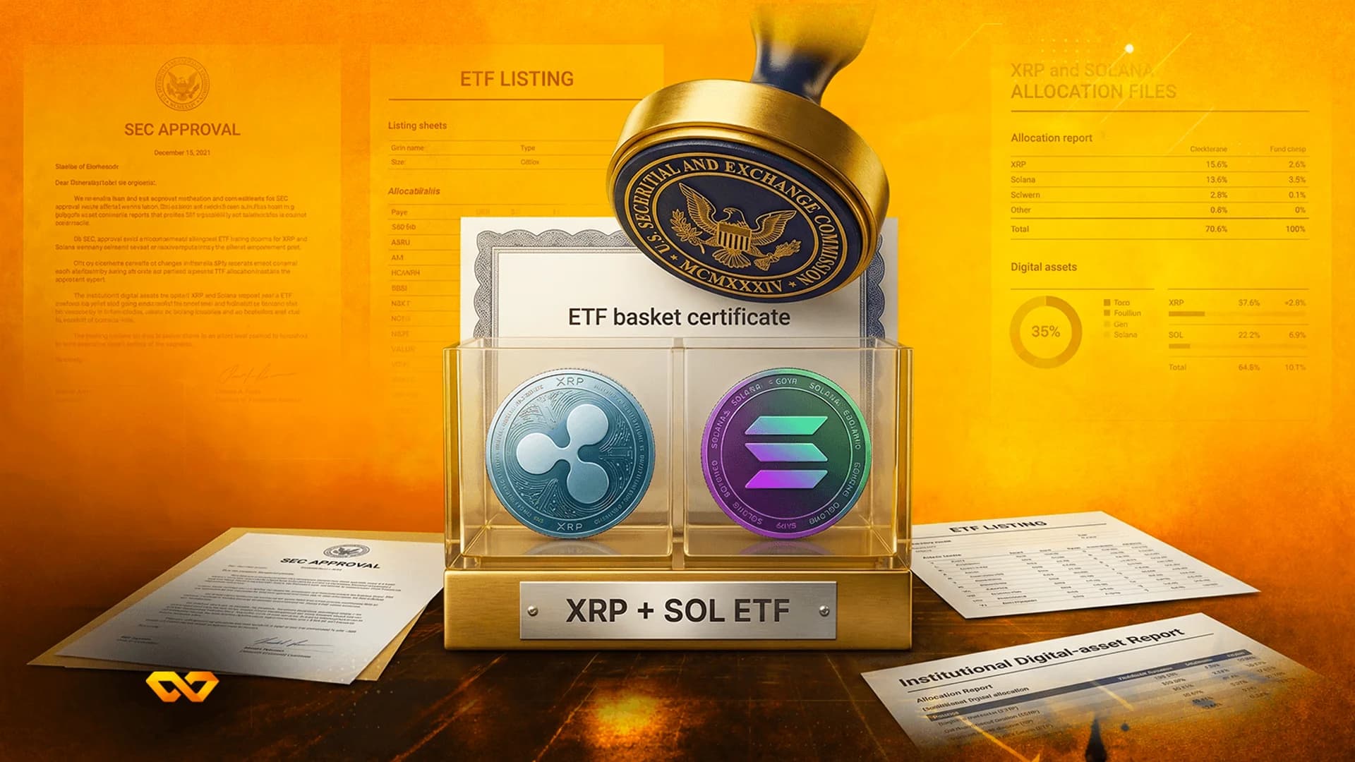 ختم ذهبي لهيئة الأوراق المالية والبورصات فوق صندوق زجاجي يحتوي على عملات XRP وSolana، مع لوحة مكتوب عليها XRP + SOL ETF.