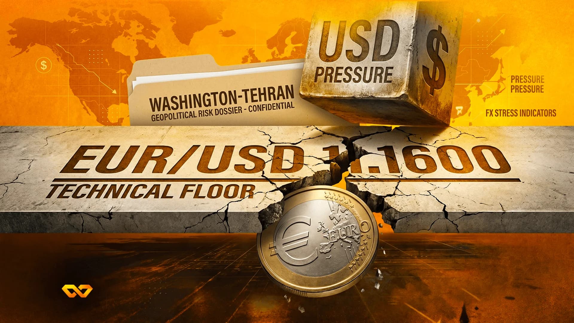 كتلة ثقيلة مكتوب عليها ضغط الدولار تحطم بلاطة خرسانية تحمل عبارة EUR/USD 1.1600 TECHNICAL FLOOR.