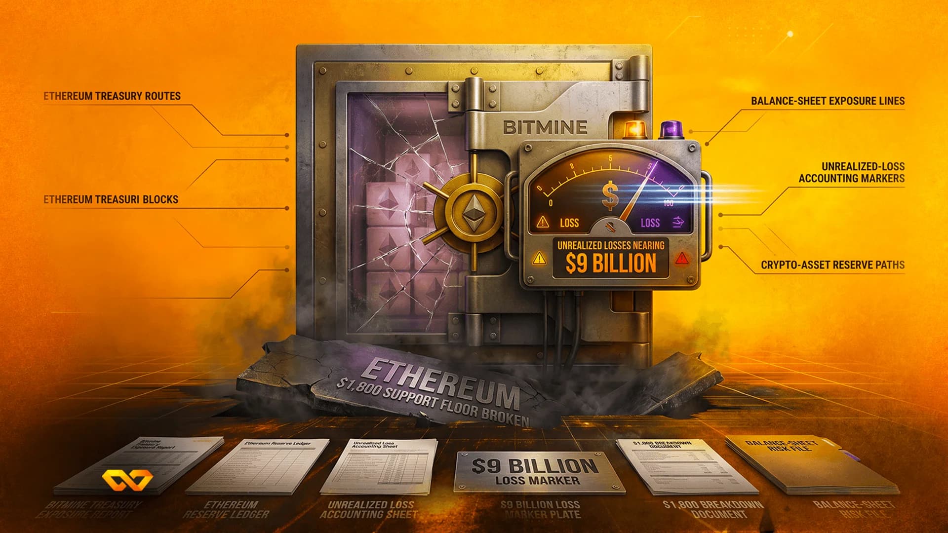 خزنة معدنية متصدعة تحمل اسم Bitmine تحتوي على كتل إيثيريوم، مع مقياس يظهر خسارة قدرها 9 مليارات دولار.
