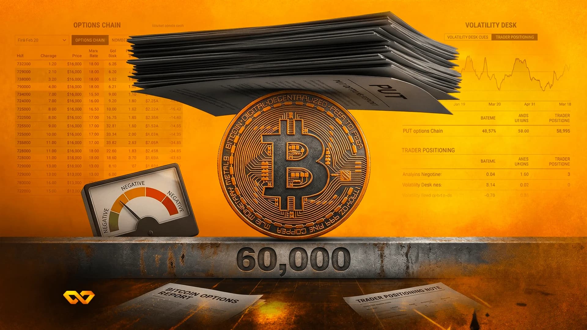 عملة بيتكوين متوازنة على عارضة مكتوب عليها 60,000، مع كومة من أوراق خيارات البيع فوقها ومقياس سلبي.