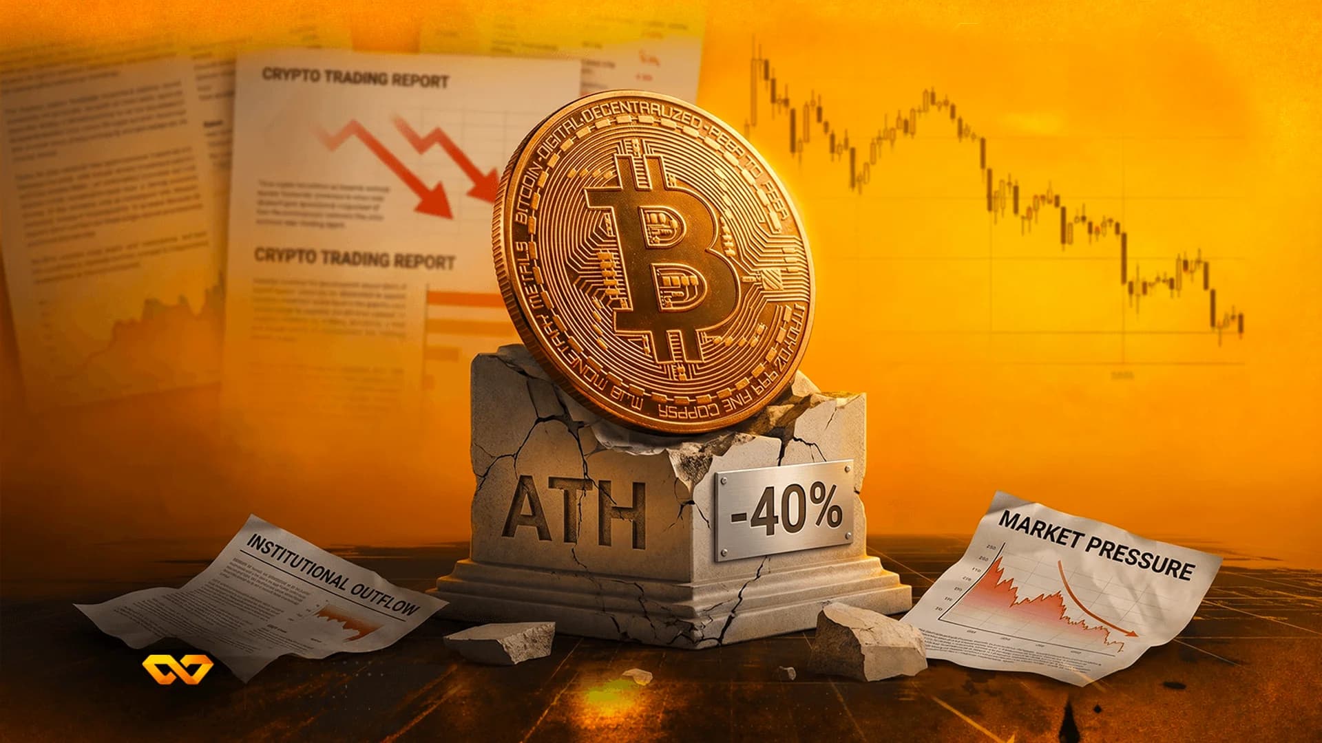عملة بيتكوين ذهبية على قاعدة حجرية متصدعة مكتوب عليها ATH و-40% أمام خلفية من الرسوم البيانية الهابطة.