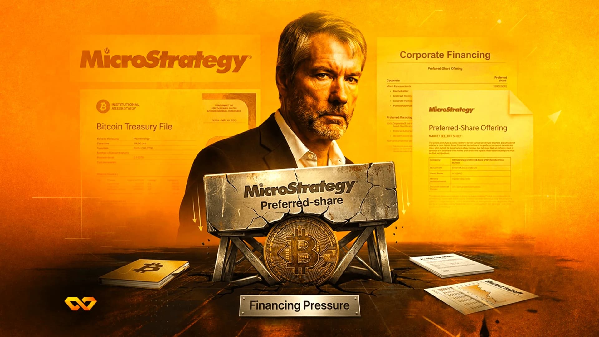 صورة لمايكل سيلور مع شعارات MicroStrategy ورموز البيتكوين ووثائق مالية على خلفية برتقالية.