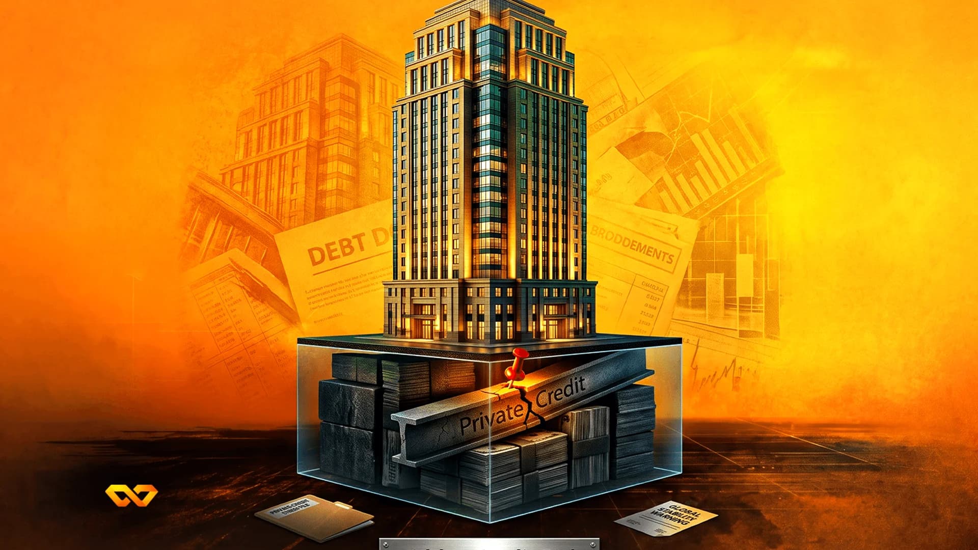 ناطحة سحاب فوق صندوق زجاجي يحتوي على عارضة متصدعة مكتوب عليها 'Private Credit' ورزم من النقود.
