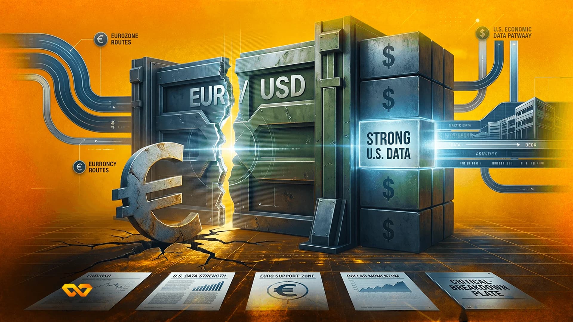 جدار معدني متصدع يحمل علامة EUR/USD مع رمز يورو كبير وكتل متوهجة عليها علامات الدولار.