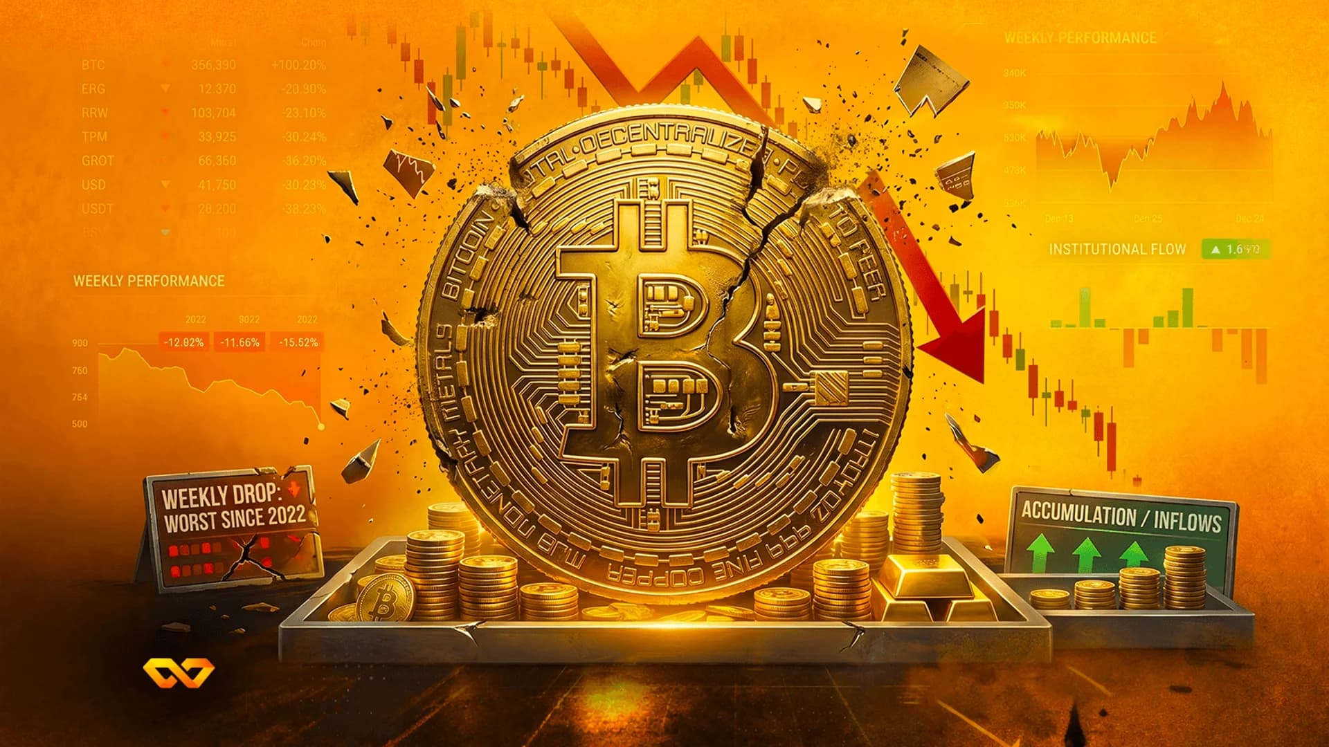 عملة بيتكوين ذهبية متصدعة محاطة بأسهم حمراء هابطة ورسوم بيانية مالية على خلفية برتقالية.