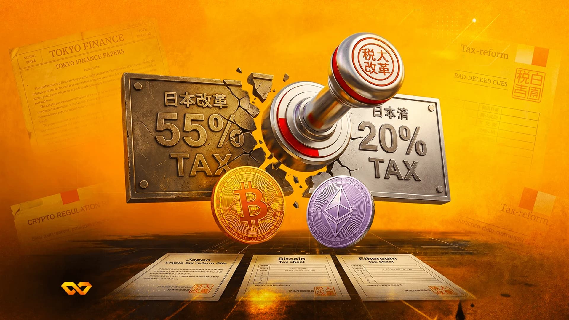 ختم معدني يكسر لوحة ضريبة 55% ليكشف عن لوحة ضريبة 20%، مع عملات بيتكوين وإيثيريوم في الأسفل.