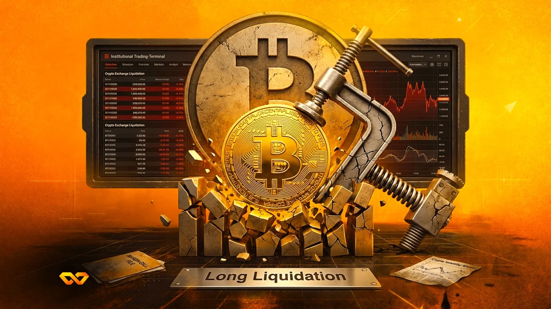 عملة بيتكوين مضغوطة بمشبك معدني فوق مكعبات محطمة أمام شاشة تداول تعرض بيانات التصفية.