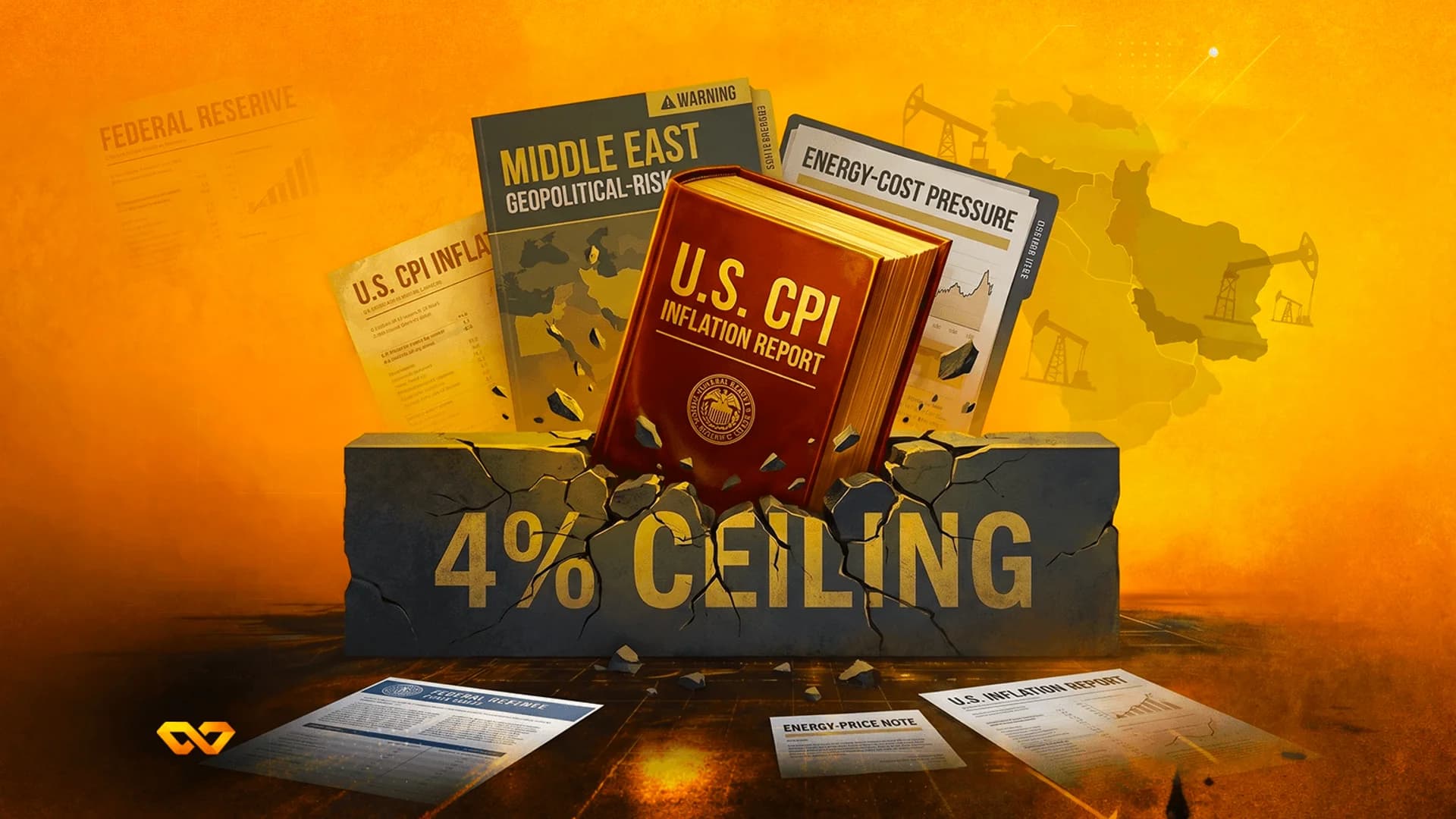 كتاب أحمر بعنوان تقرير تضخم مؤشر أسعار المستهلك الأمريكي يحطم كتلة حجرية مكتوب عليها سقف 4% بخلفية برتقالية.