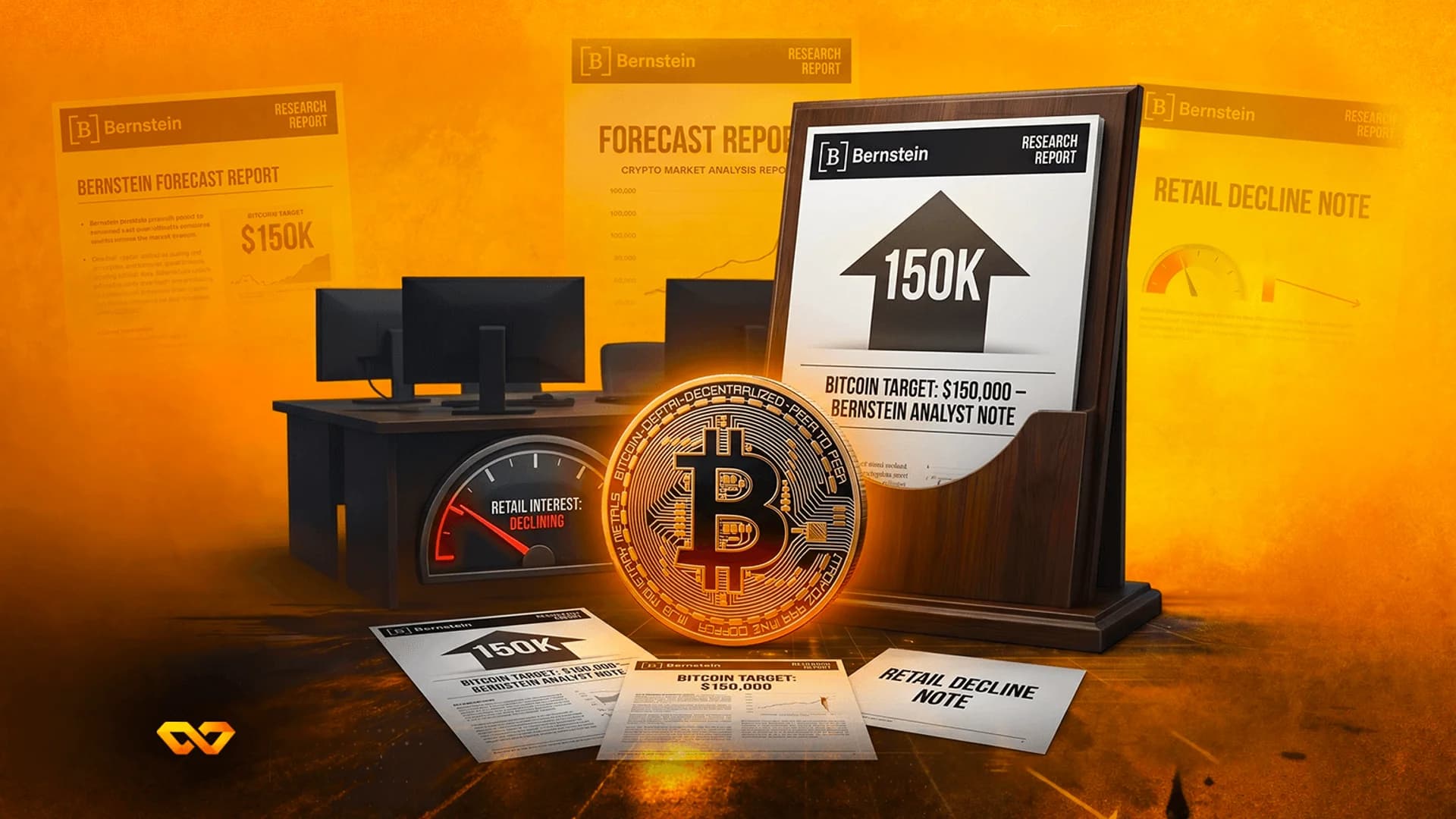 عملة بيتكوين مادية وسط تقارير بحثية من بيرنشتاين تظهر مستهدف سعري قدره 150 ألف دولار على خلفية برتقالية.