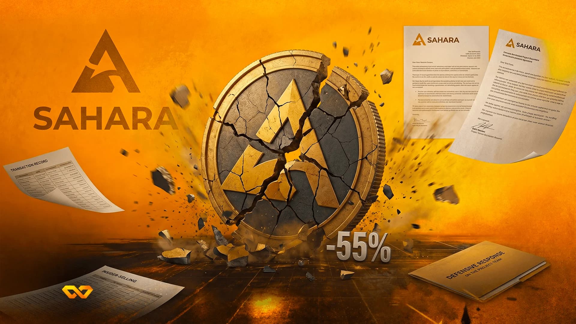 عملة ذهبية محطمة تحمل شعار 'A' وكلمة 'SAHARA'، محاطة بوثائق وعلامة -55%.