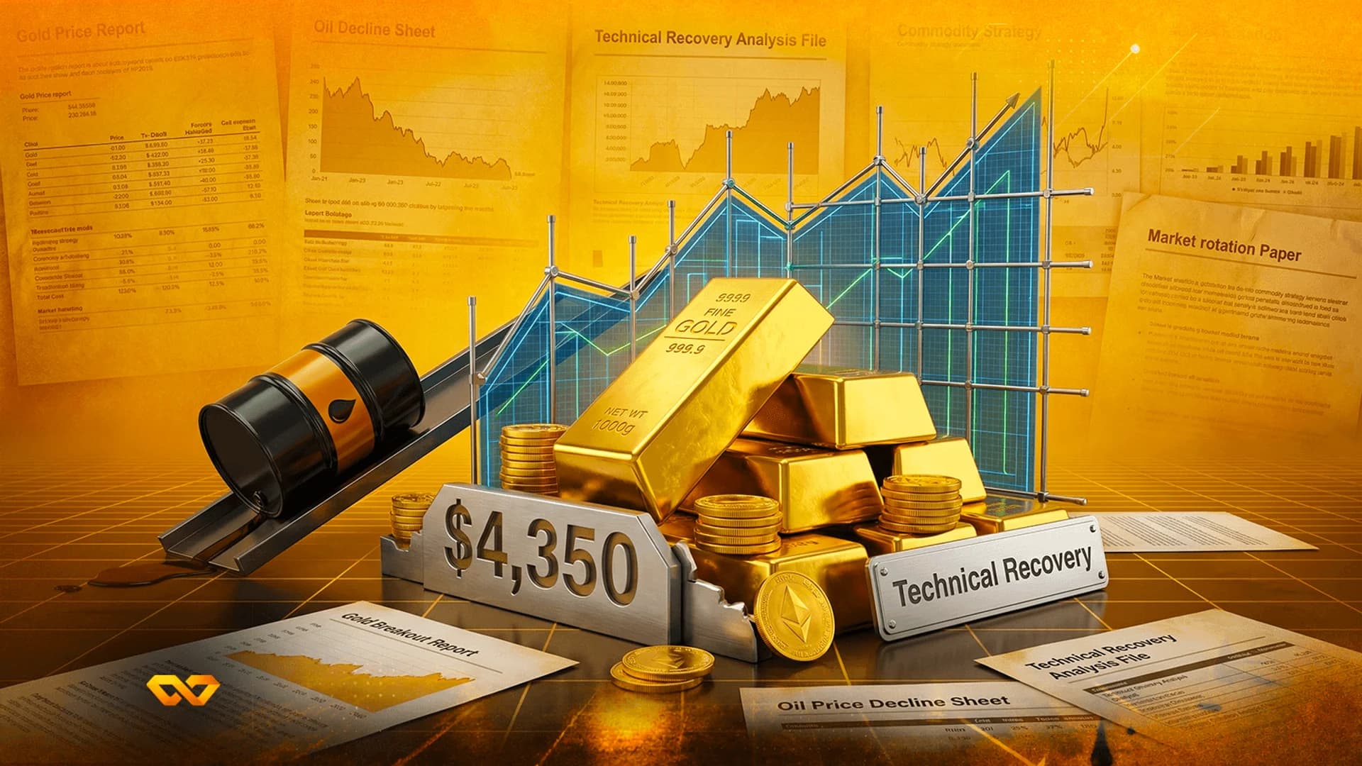 رسم ثلاثي الأبعاد لسبائك ذهب وعملات وبرميل نفط محاط بتقارير مالية وعلامة سعر 4,350 دولار.