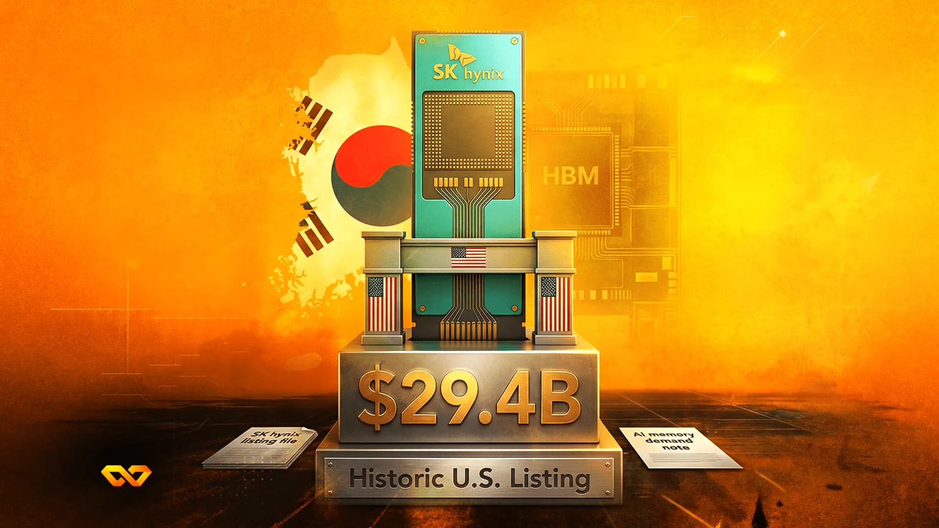شريحة SK hynix على منصة مكتوب عليها 29.4 مليار دولار، مع أعلام الولايات المتحدة وكوريا الجنوبية وخلفية برتقالية.