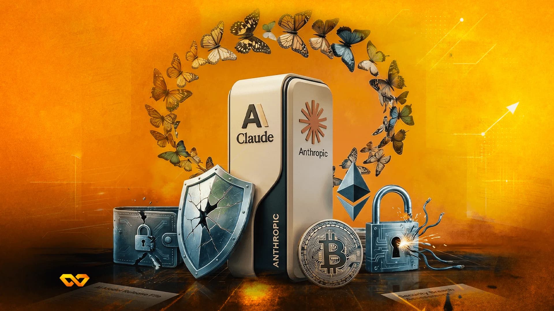 خادم Anthropic Claude محاط بالفراشات ودرع مكسور وعملة بيتكوين وشعار إيثيريوم على خلفية برتقالية.
