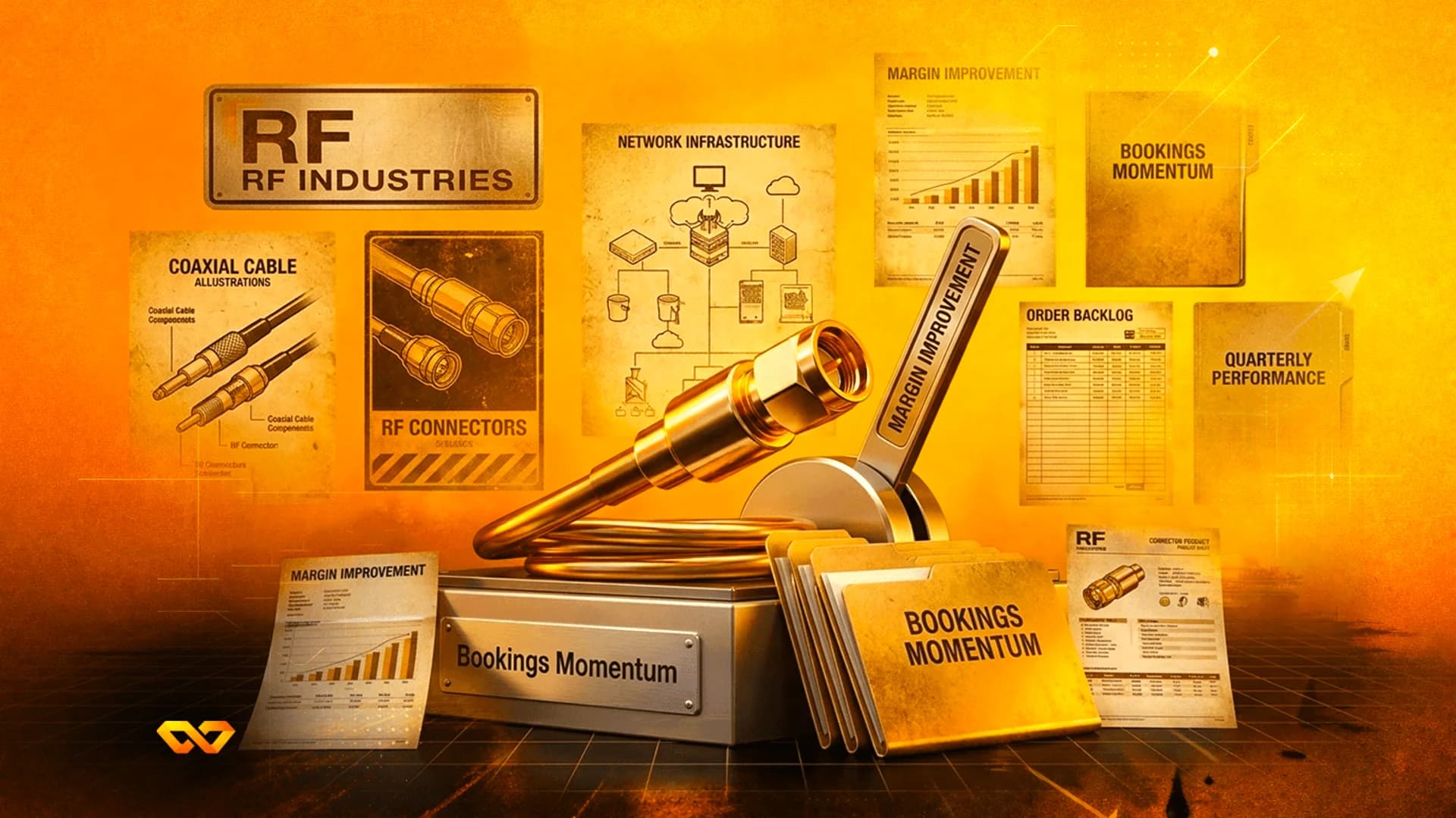 كولاج باللون الذهبي يضم علامة RF Industries، ومخططات تقنية للكابلات، ورسوم بيانية مالية، ومجلدات ملفات.