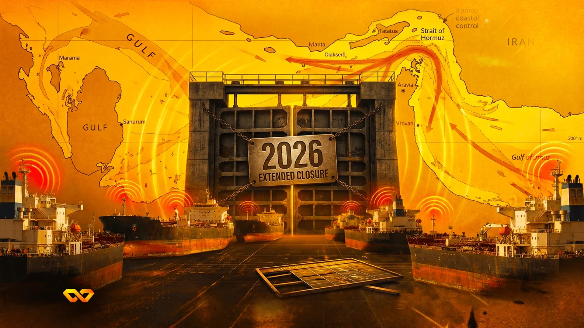 رسم رقمي لناقلات نفط محجوزة خلف بوابة معدنية كبيرة تحمل علامة إغلاق 2026 فوق خريطة لمضيق هرمز.