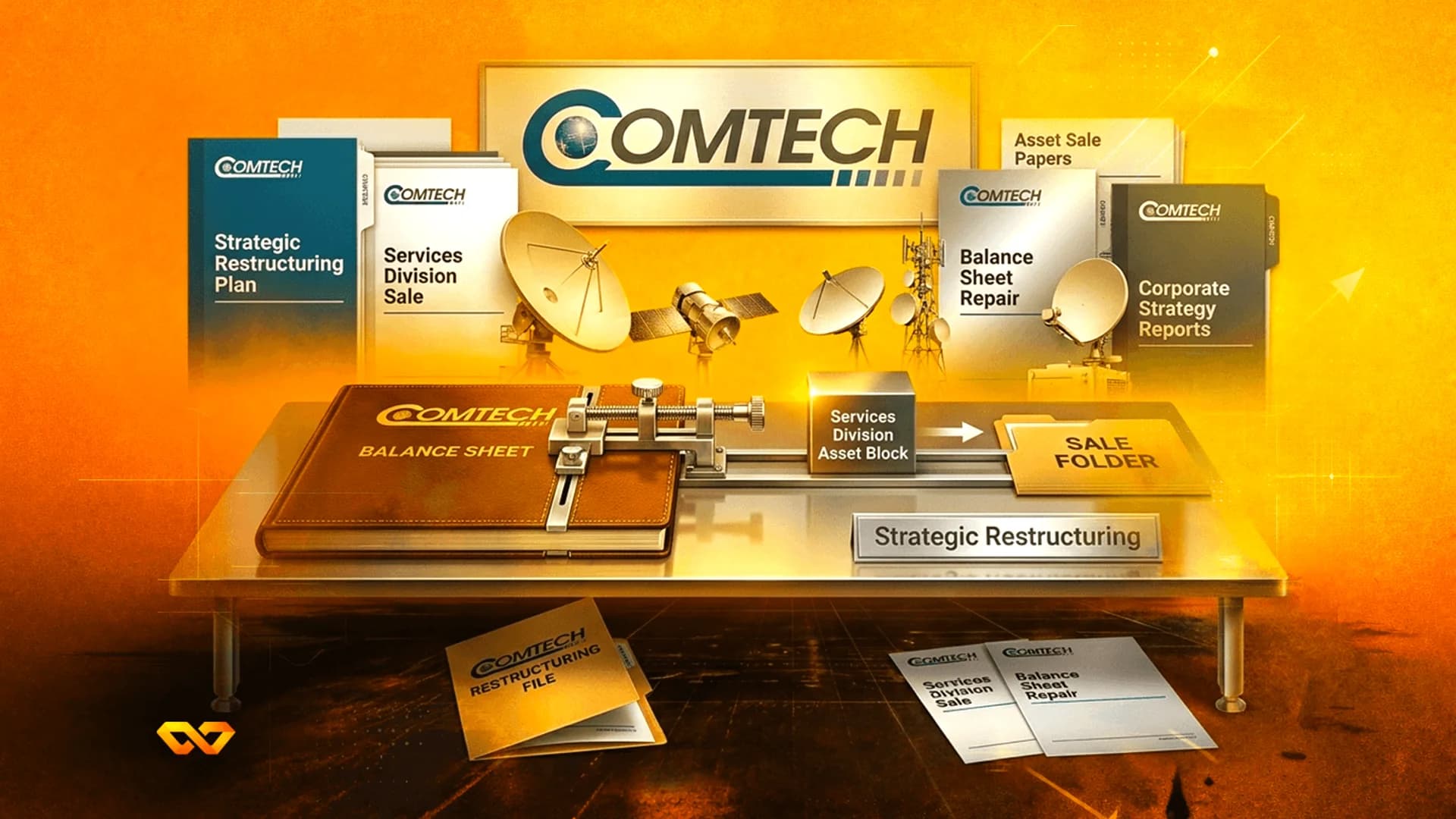 رسم توضيحي لشعار شركة Comtech مع أطباق أقمار صناعية، ومجلدات مكتوب عليها 'إعادة الهيكلة الاستراتيجية'، وكتاب ميزانية عمومية.