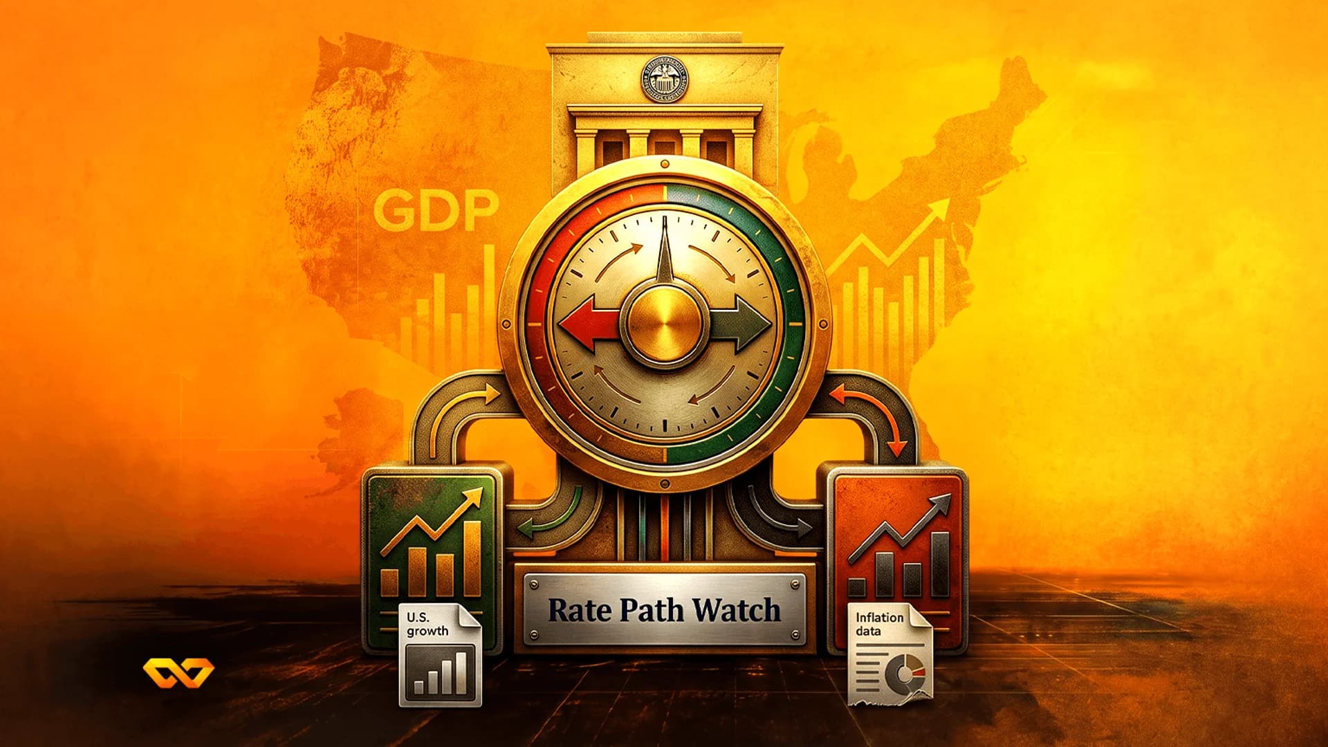 مقياس ذهبي يحمل نص 'Rate Path Watch'، محاط برسوم بيانية للنمو والتضخم في الولايات المتحدة فوق خريطة أمريكا.