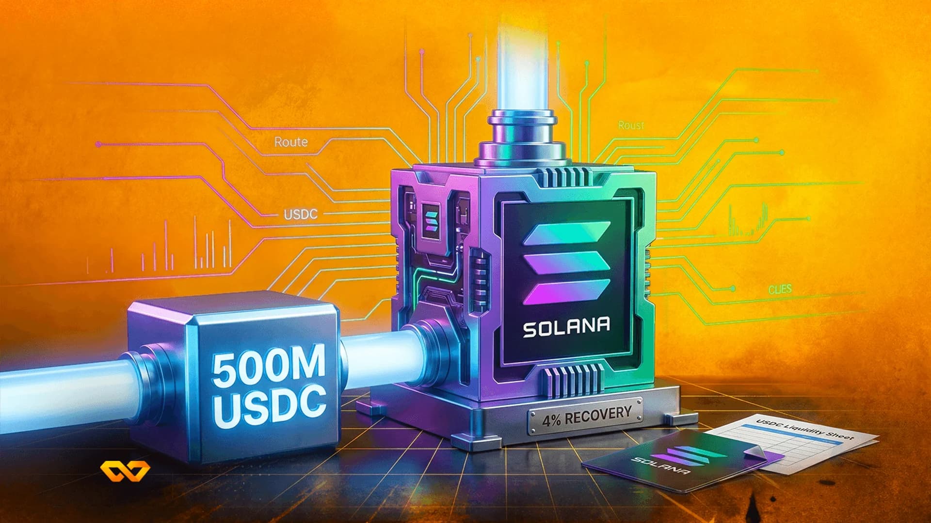 آلة مستقبلية تحمل شعار سولانا ومكعب مكتوب عليه 500M USDC على خلفية برتقالية مع خطوط دوائر إلكترونية.