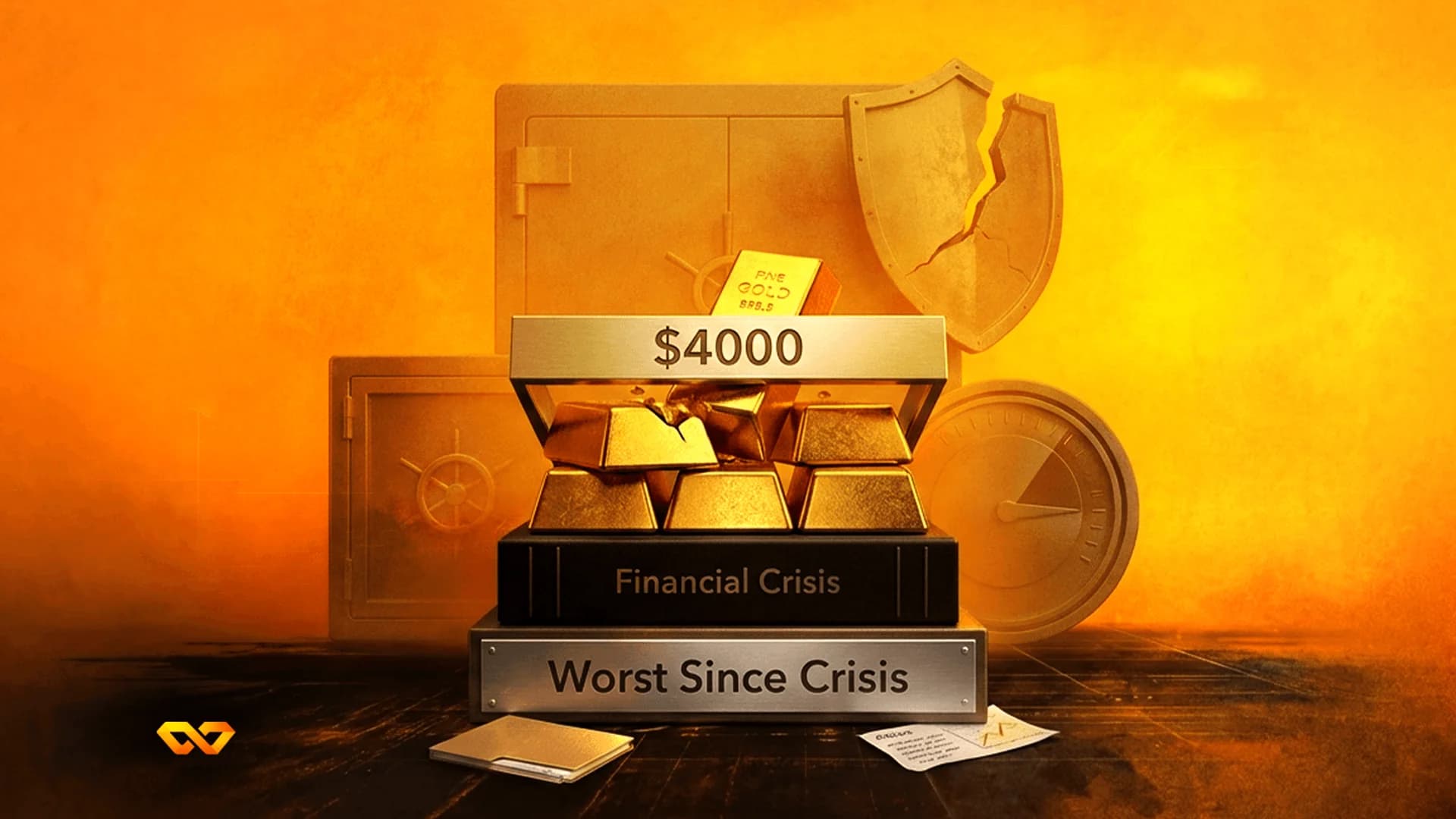 سبائك ذهب في صندوق مكتوب عليه 4000 دولار فوق كتب عن الأزمة المالية، مع خزنة ودرع مكسور في الخلفية.