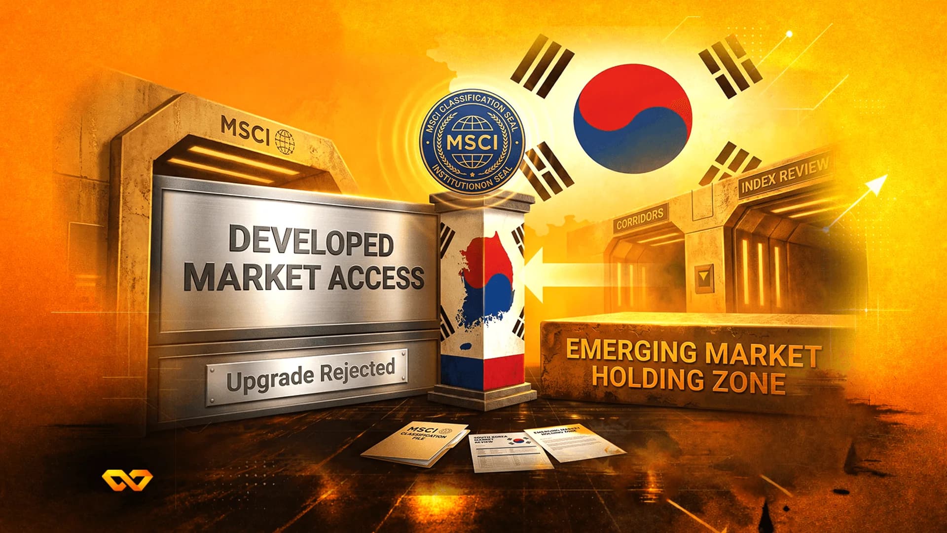 رسم توضيحي لعلم كوريا الجنوبية وختم MSCI بجوار بوابة مكتوب عليها رفض ترقية الوصول إلى الأسواق المتقدمة.