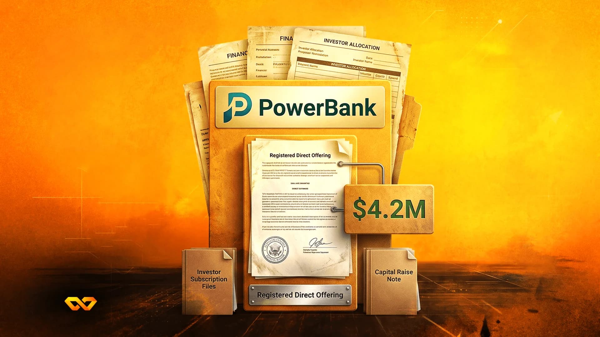 ملفات ووثائق مالية لعرض مباشر مسجل لشركة PowerBank بقيمة 4.2 مليون دولار على خلفية برتقالية.