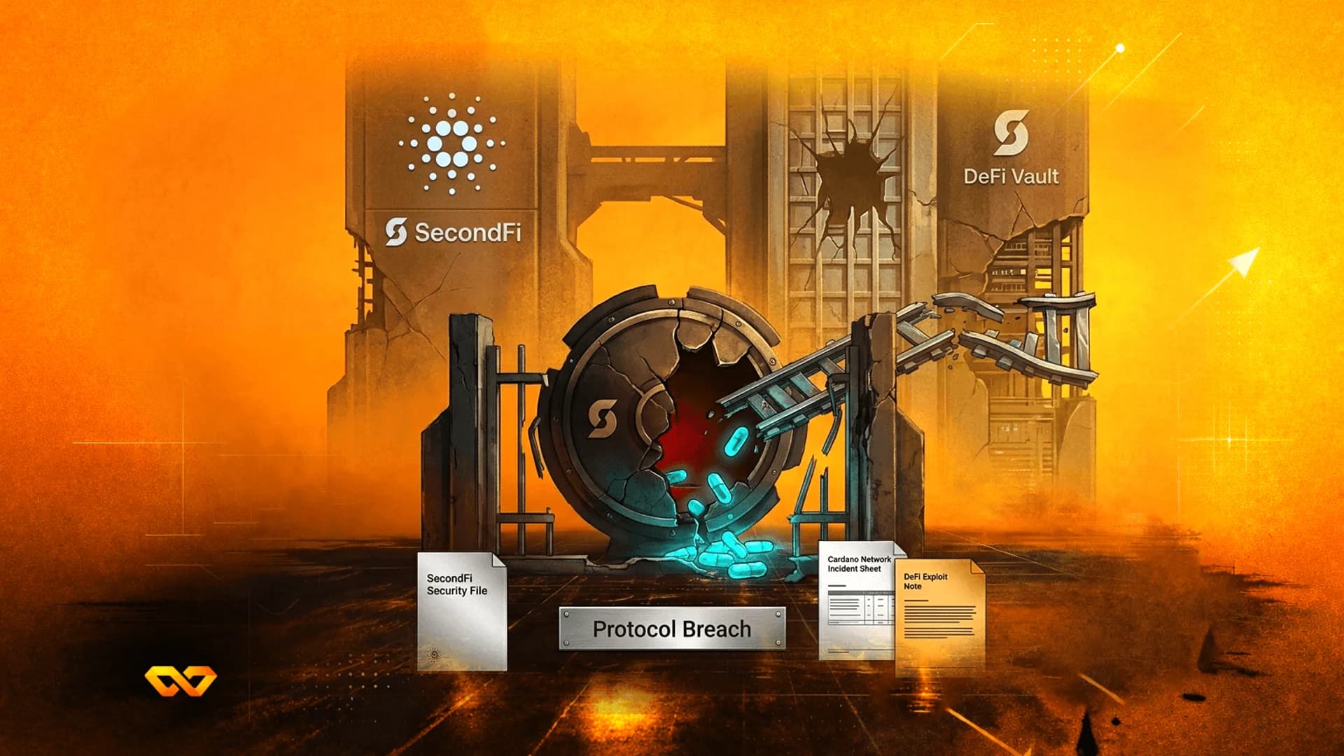رسم توضيحي لمبنى متضرر وخزنة مكسورة مع شعارات كاردانو وSecondFi، مع لافتة خرق البروتوكول.