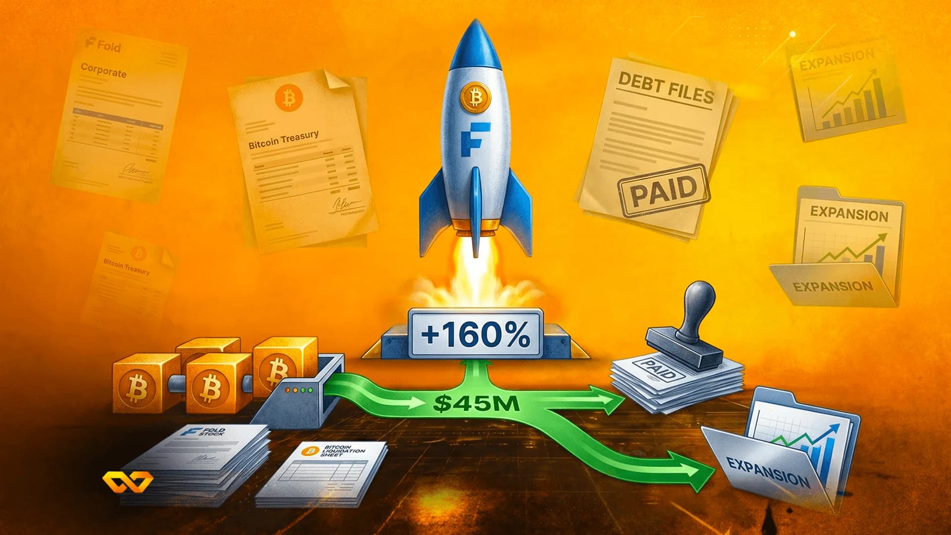 صاروخ يحمل شعار بيتكوين ينطلق فوق وثائق مالية وعلامة +160% وسهم أخضر بقيمة 45 مليون دولار.
