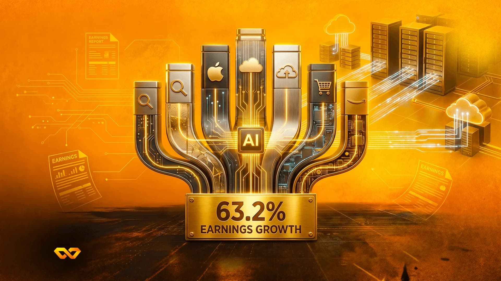 هيكل ذهبي بشعارات تقنية وشريحة ذكاء اصطناعي فوق لوحة نمو أرباح بنسبة 63.2% على خلفية برتقالية.