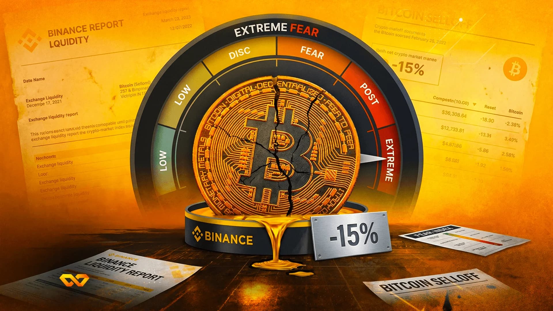 عملة بيتكوين ذهبية متصدعة أمام مؤشر لمشاعر السوق يشير إلى الخوف الشديد، مع تقارير من منصة بينانس.
