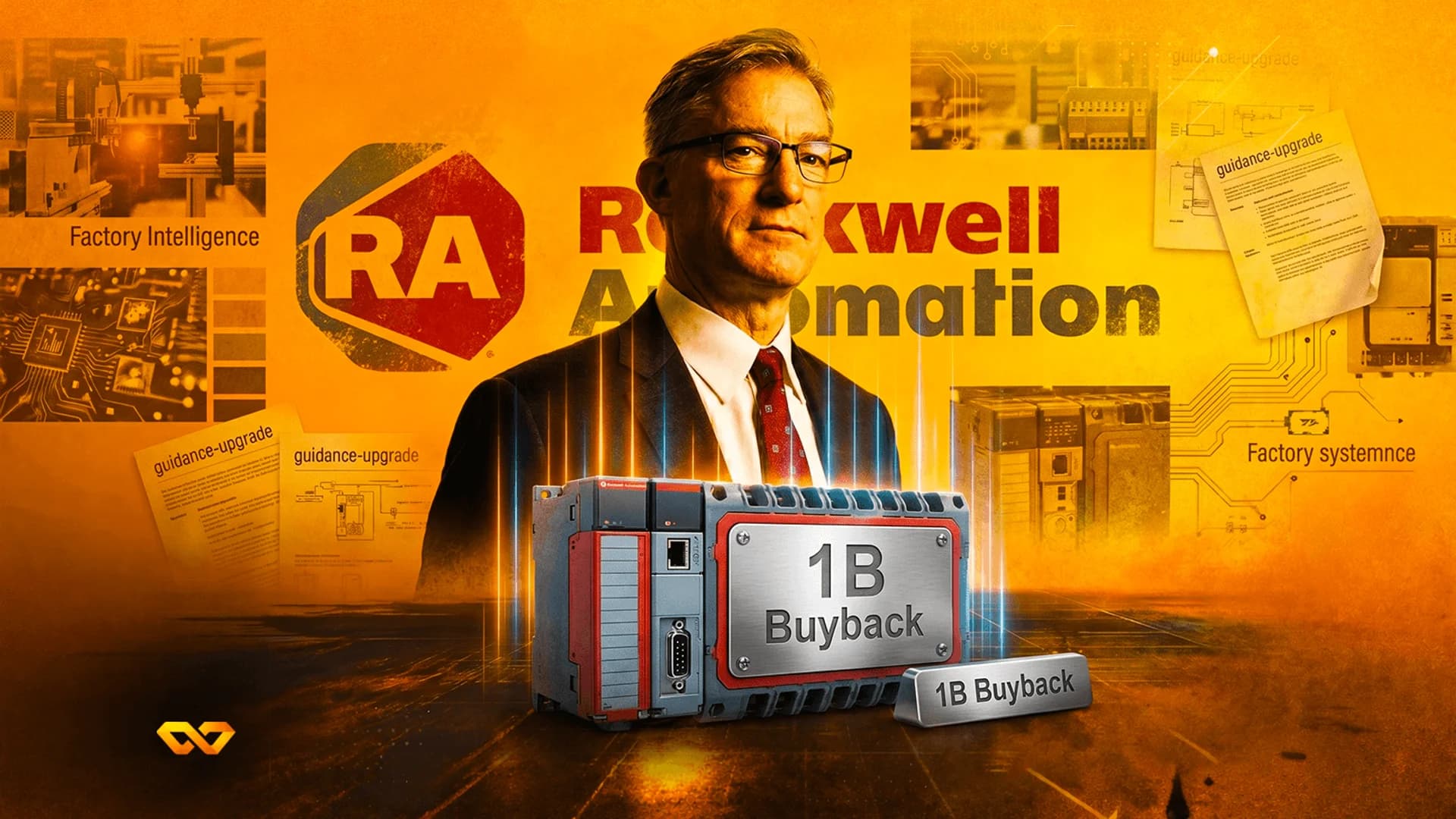 رجل يرتدي بدلة أمام شعار روكويل أوتوميشن وأجهزة صناعية مع نص '1B Buyback' على خلفية برتقالية.