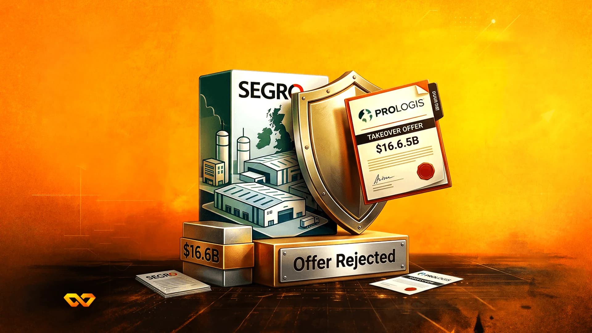 رسم ثلاثي الأبعاد لصندوق يحمل شعار SEGRO خلف درع، مع وثيقة عرض استحواذ من Prologis ولوحة 'تم رفض العرض'.
