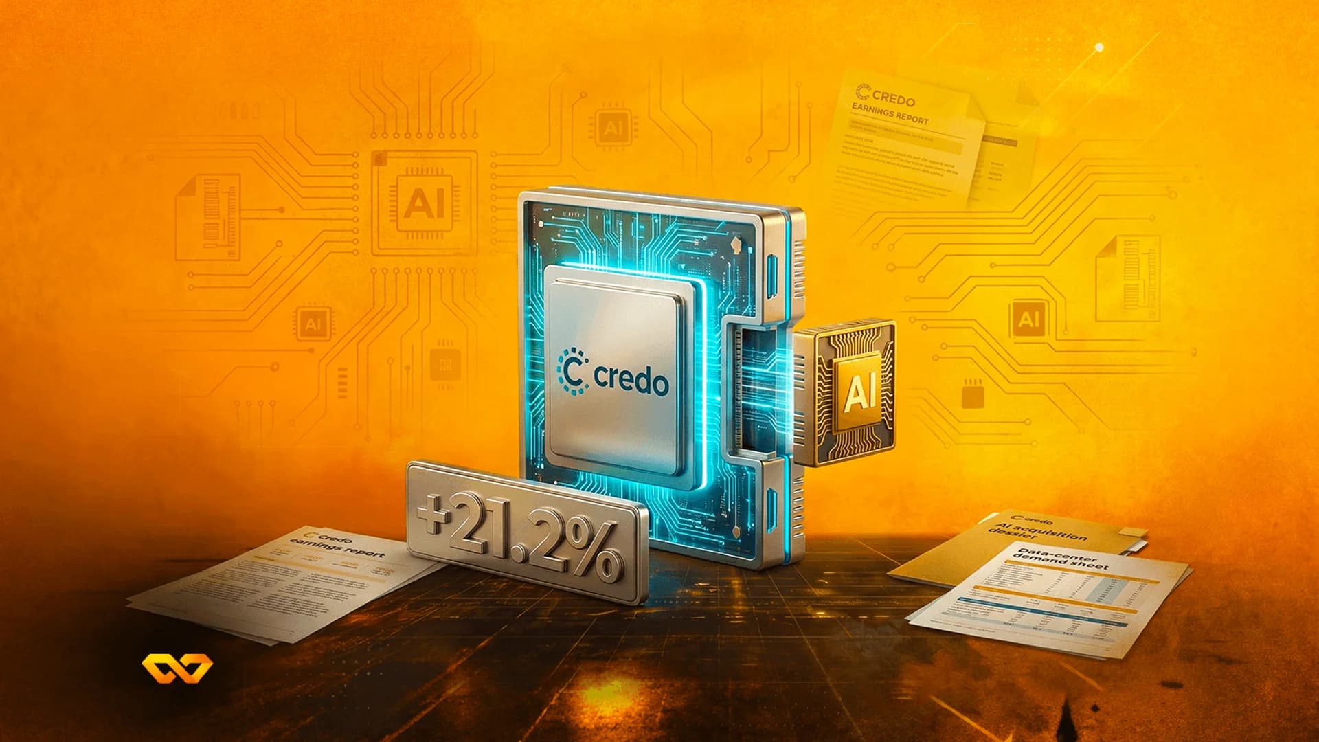 شريحة كمبيوتر تحمل شعار Credo بجوار علامة +21.2% ومستندات تقرير الأرباح على خلفية برتقالية.