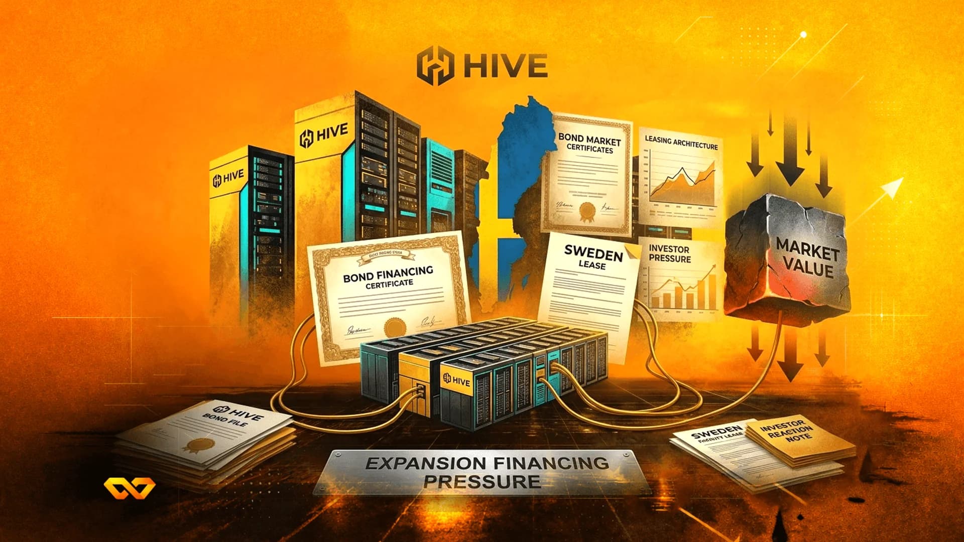 رسم توضيحي لخوادم HIVE، وشهادات سندات، وخريطة للسويد، وحجر ثقيل مكتوب عليه القيمة السوقية.