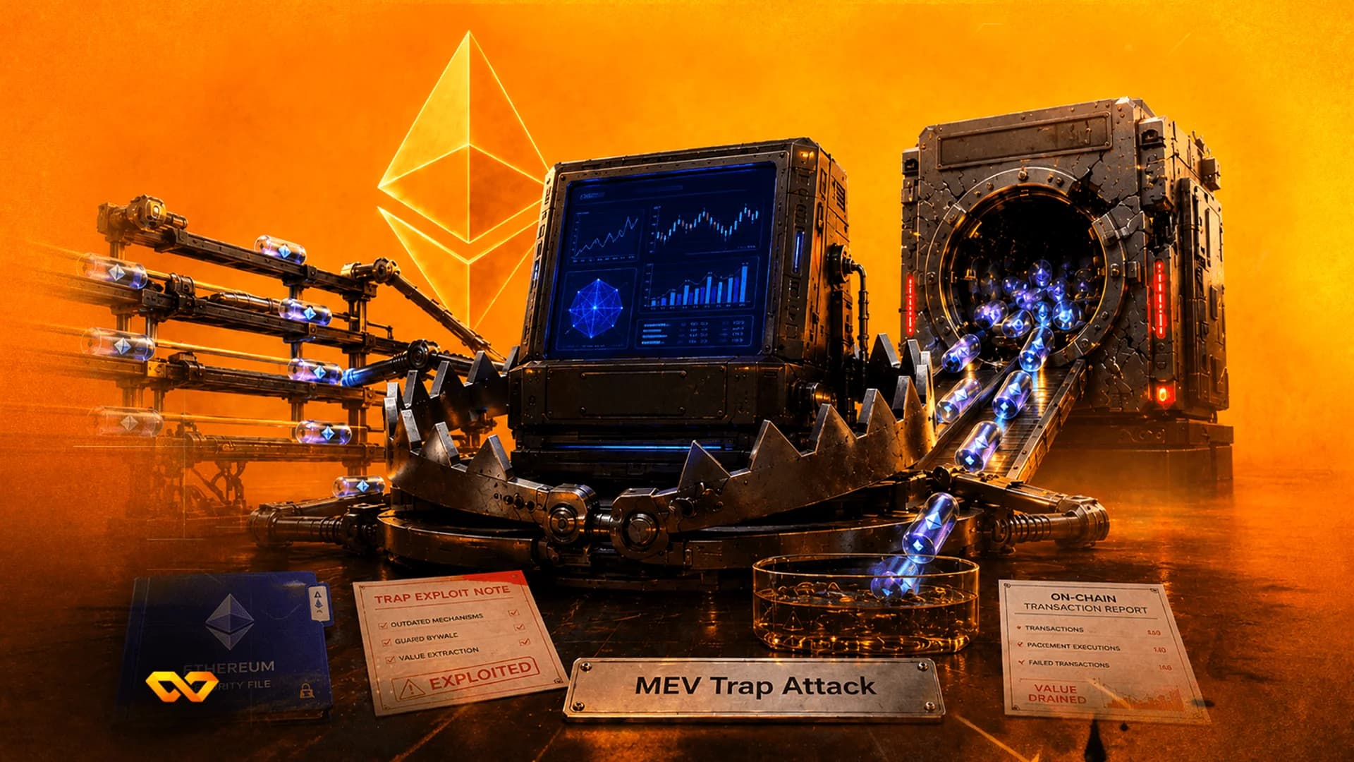 رسم رقمي لآلة صناعية على شكل فخ مع شعار إيثيريوم ورسوم بيانية ومستندات على خلفية برتقالية.