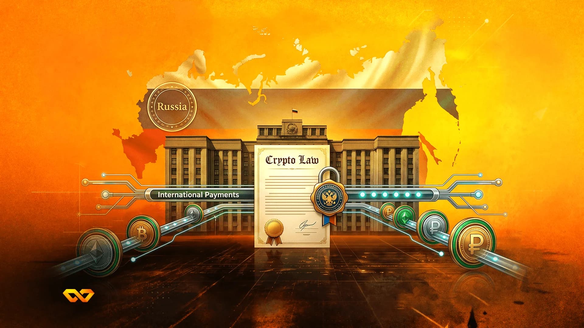 فن رقمي لوثيقة 'قانون الكريبتو'، ومبنى حكومي روسي، وخريطة لروسيا، وعملات مشفرة متنوعة.