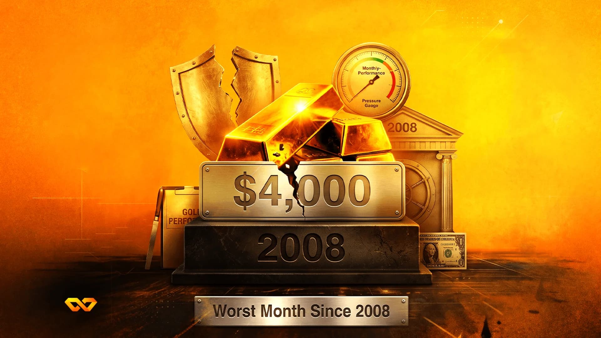 سبائك ذهب فوق قاعدة متصدعة تحمل رقم 4000 دولار وعام 2008، مع درع مكسور ومقياس أداء.