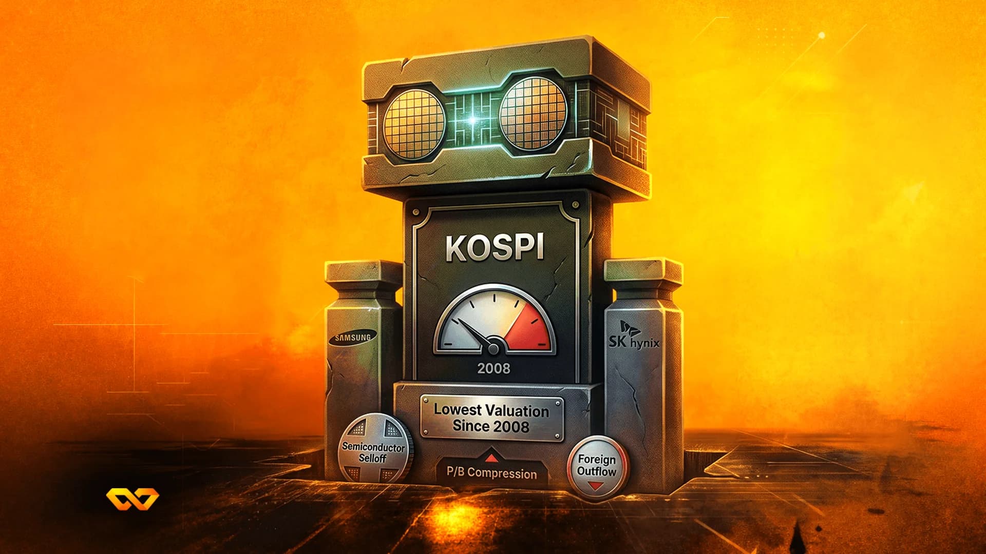 نصب تذكاري حجري يحمل نص KOSPI وشعارات سامسونج وSK hynix يغرق في أرض متصدعة برتقالية اللون.
