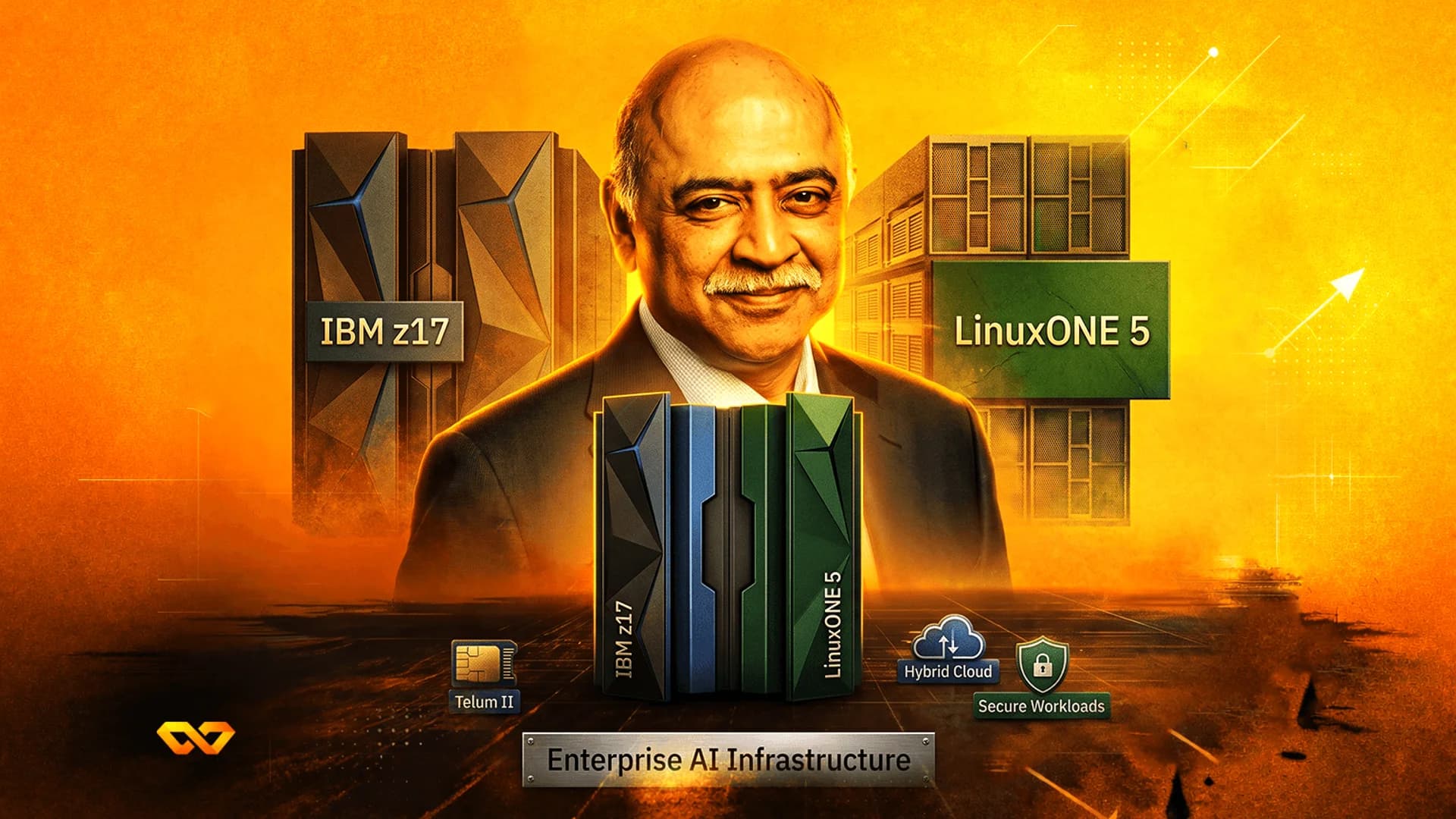 صورة لرجل يرتدي بدلة يتوسط رفوف خوادم تحمل علامة IBM z17 وLinuxONE 5 على خلفية برتقالية مزخرفة.