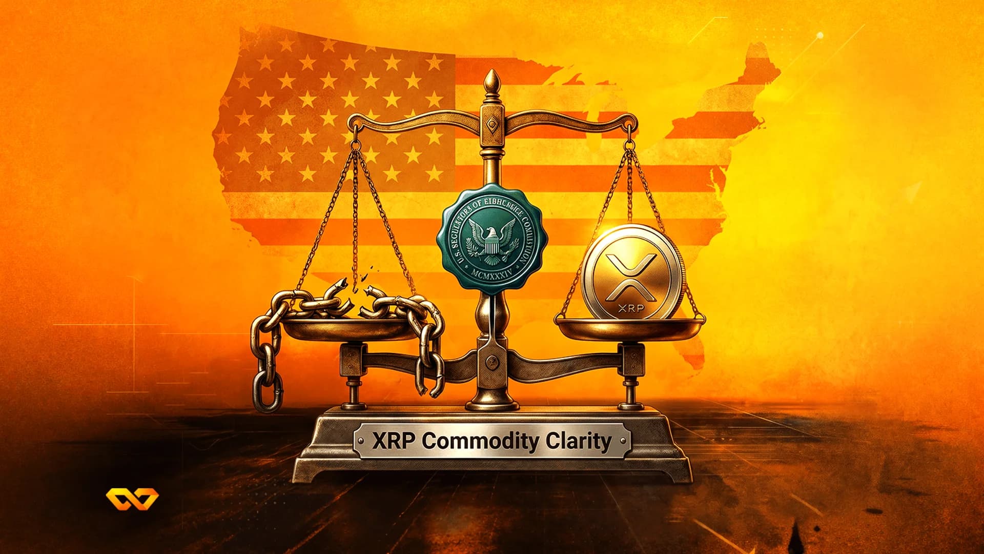 ميزان يحمل سلاسل مكسورة وعملة XRP وشعاراً أمام خريطة للولايات المتحدة بنمط العلم الأمريكي.