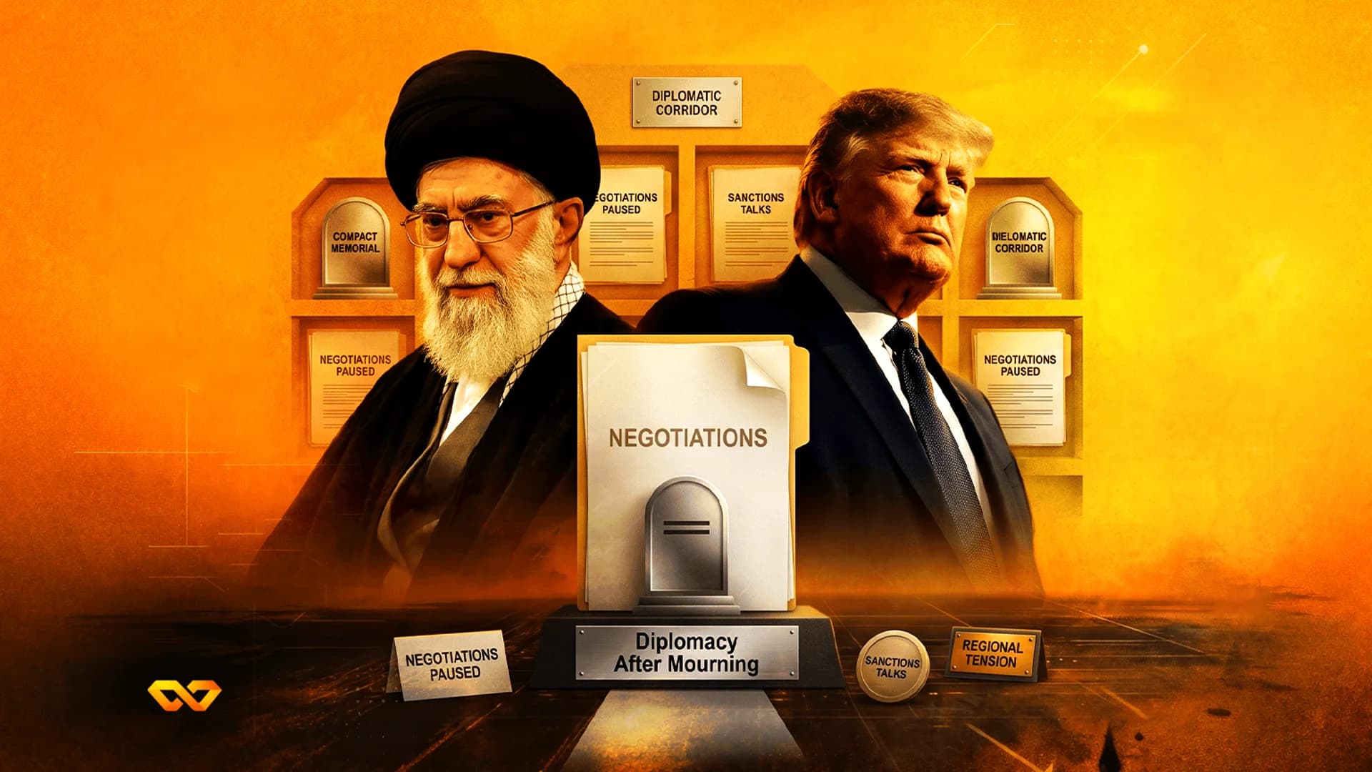 رسم توضيحي لعلي خامنئي ودونالد ترامب يقفان ظهراً لظهر مع ملفات ولافتات حول المفاوضات المتوقفة.