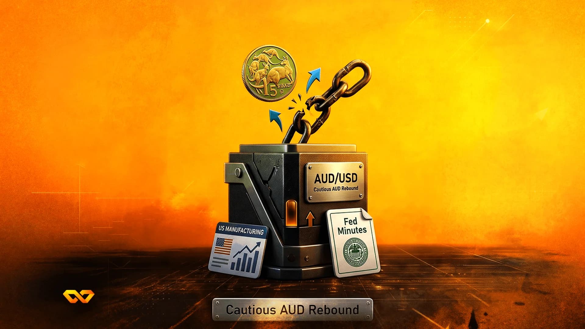 صندوق معدني يحمل ملصق AUD/USD مع عملة كنغر ذهبية تكسر سلسلة، بجانب وثائق التصنيع الأمريكي ومحاضر الفيدرالي.