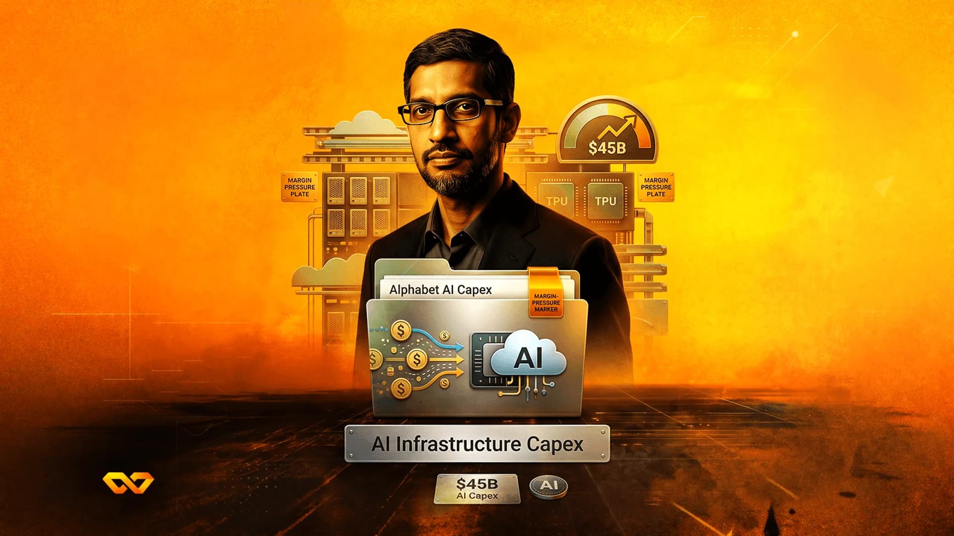 صورة لسوندار بيتشاي مع خوادم ورقائق ذكاء اصطناعي ومجلد يحمل علامة Alphabet AI Capex على خلفية برتقالية.