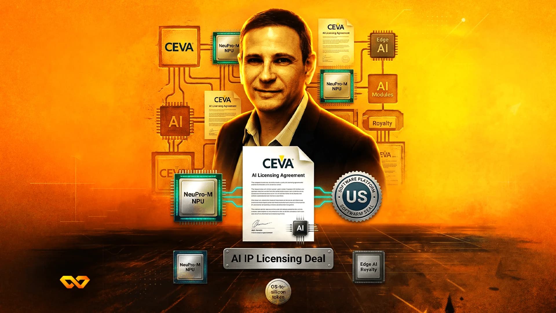 صورة لرجل محاط بشعارات CEVA ورسوم بيانية لشرائح الذكاء الاصطناعي ووثائق اتفاقية ترخيص على خلفية برتقالية.
