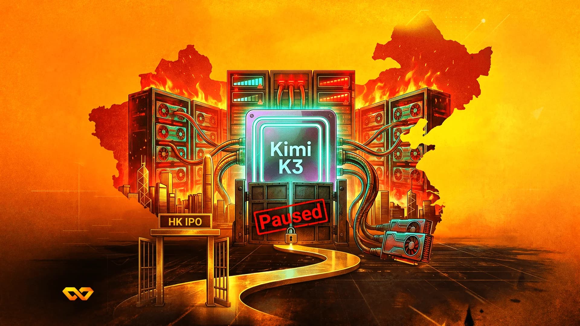 رسم توضيحي لمعالج Kimi K3 خلف بوابة مغلقة بختم 'Paused'، مع خوادم محترقة وخريطة للصين.