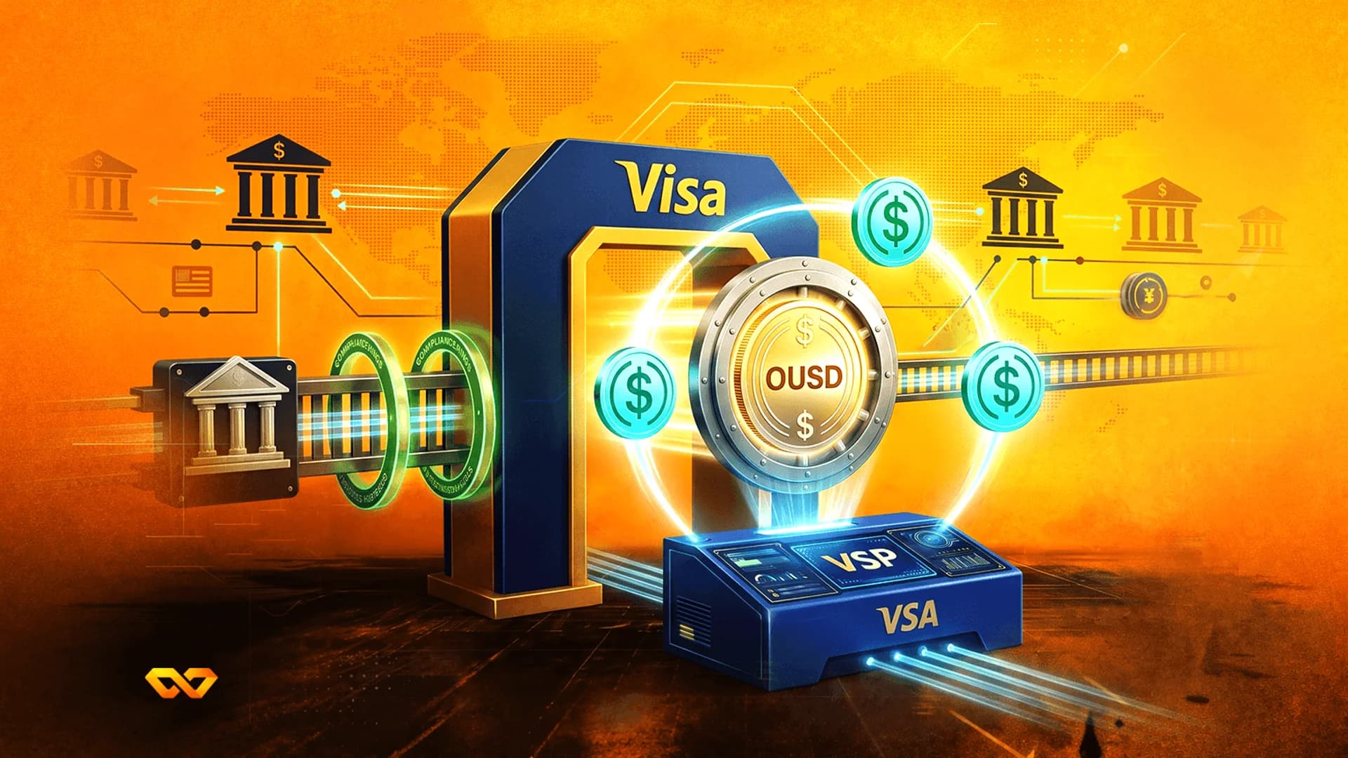رسم توضيحي لبوابة فيزا مع عملة OUSD، وأيقونات بنكية على مسار، وخلفية لخريطة العالم.