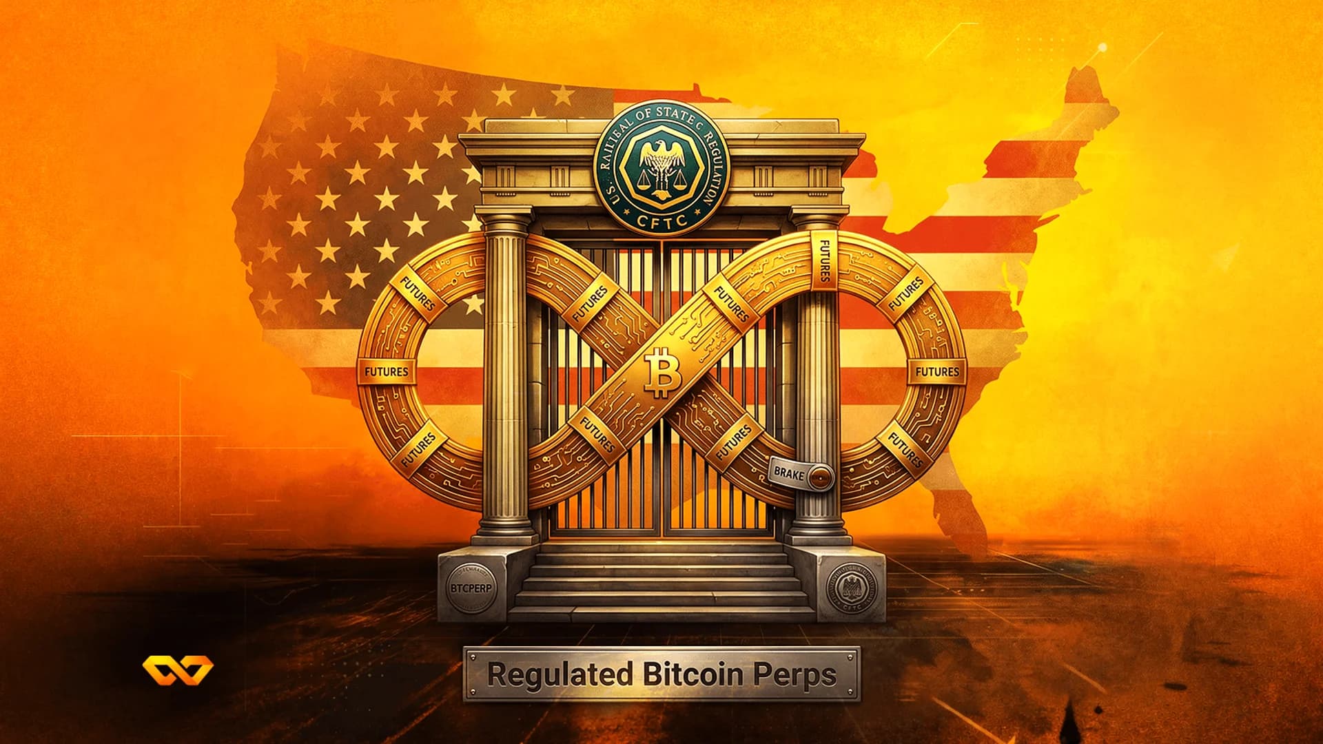 شعار بيتكوين داخل رمز اللانهاية الذهبي على نصب تذكاري مع ختم CFTC وخلفية خريطة علم الولايات المتحدة.
